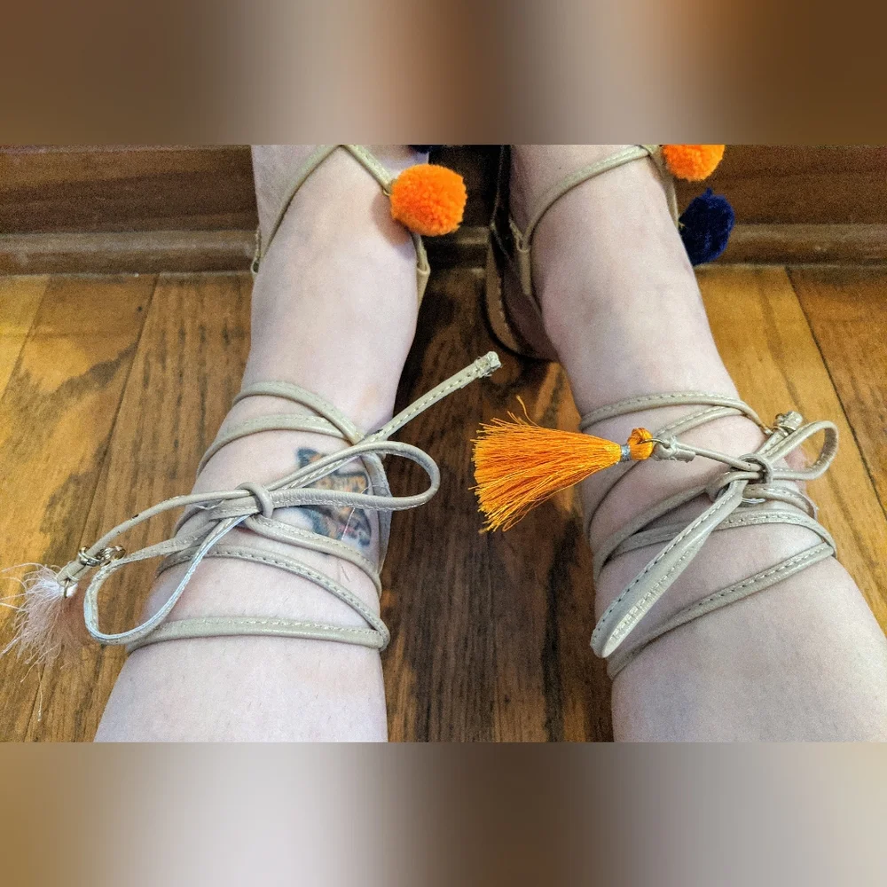 Asos Boho Pom Pom Colorful Tie Up Flat Sandals Size 7 Fesrival